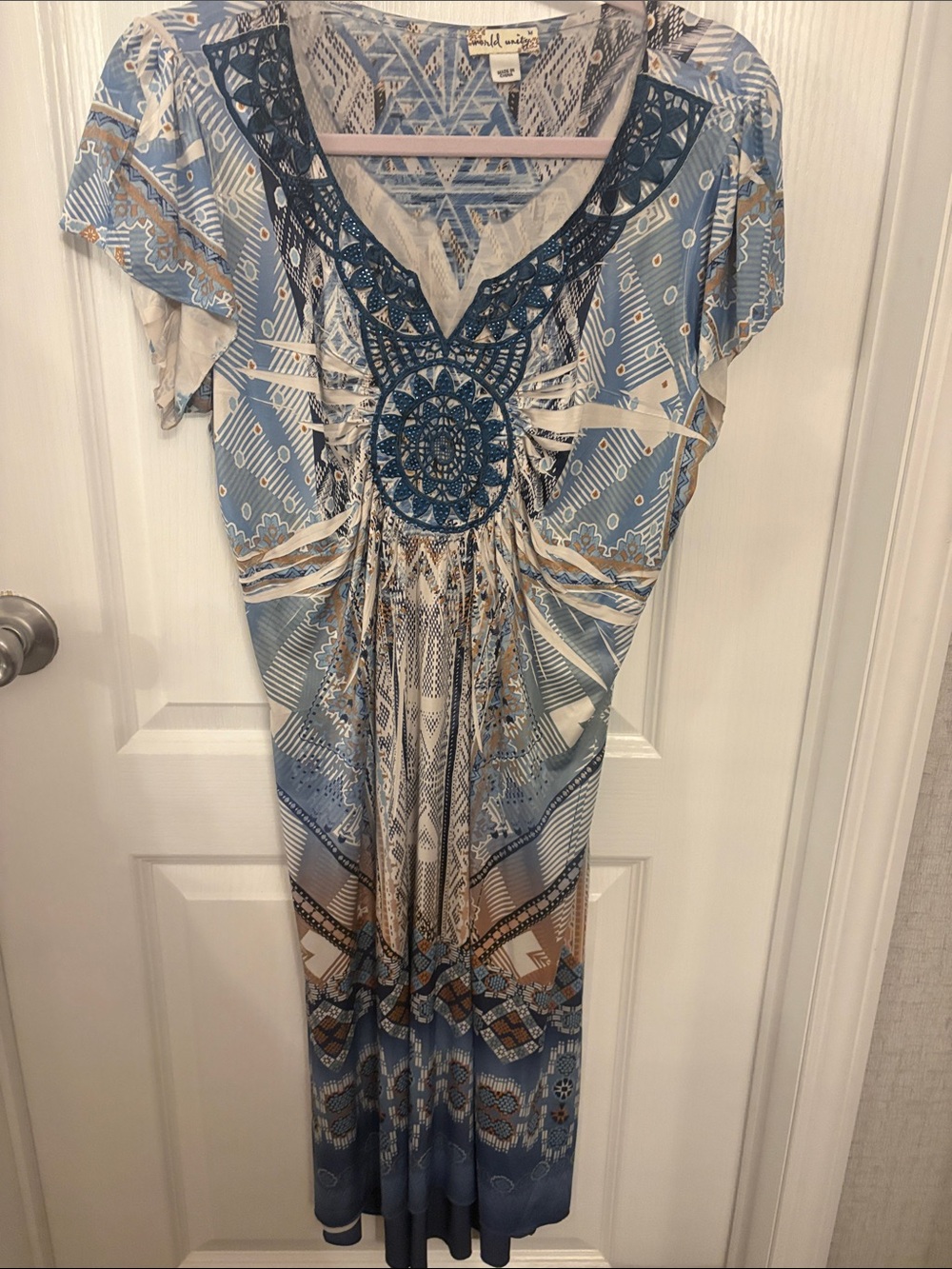 Light Blue Geo-Print Midi Dress with Navy Embroidered Yoke